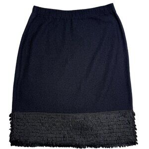St. John Collection Skirt Womens 12 Black Wool Rayon Santana Knit Fringe Hem